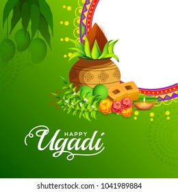 Illustration Of Ugadi With decorated Kalash On Typographical Background.