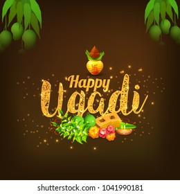 Illustration Of Ugadi With decorated Kalash On Typographical Background.