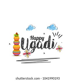Illustration Of Ugadi With decorated Kalash On Typographical Background.
