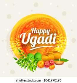 Illustration Of Ugadi With decorated Kalash On Typographical Background.