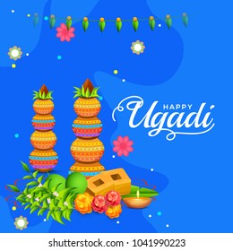 Illustration Of Ugadi With decorated Kalash On Typographical Background.