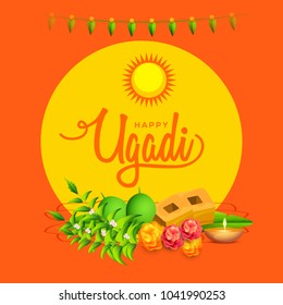 Illustration Of Ugadi With decorated Kalash On Typographical Background.