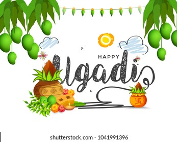 Illustration Of Ugadi With decorated Kalash On Typographical Background.