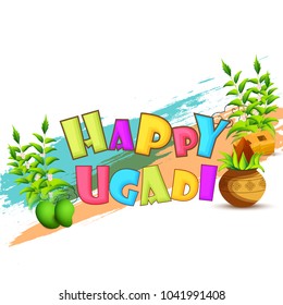 Illustration Of Ugadi With decorated Kalash On Typographical Background.
