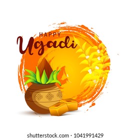Illustration Of Ugadi With decorated Kalash On Typographical Background.
