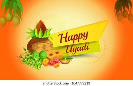 Illustration Of Ugadi With decorated Kalash On Typographical Background.