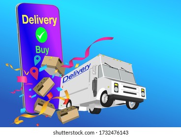 Illustration of UI. Online delivery service with bike and van delivery kit with box. The concept of internet transportation and modern cities