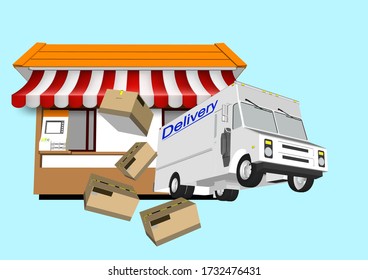 Illustration of UI. Online delivery service with bike and van delivery kit with box. The concept of internet transportation and modern cities