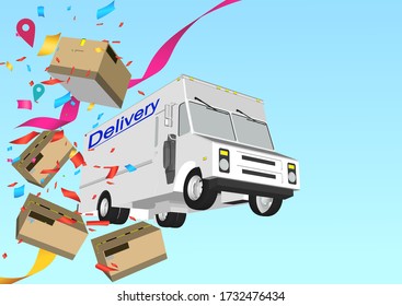 Illustration of UI. Online delivery service with bike and van delivery kit with box. The concept of internet transportation and modern cities
