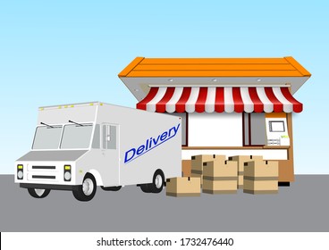 Illustration of UI. Online delivery service with bike and van delivery kit with box. The concept of internet transportation and modern cities