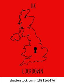 An illustration of UK map with keyhole on red background. Concept of country lockdown due to coronavirus pandemic.