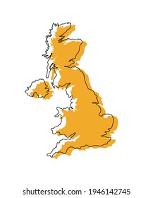 Ilustración de la silueta de mapas del Reino Unido. Logo amarillo del Reino Unido. Aislado en blanco.