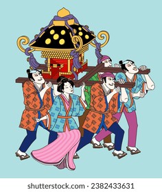 Illustration of Ukiyo e style people carrying portable shrine on light blue background.