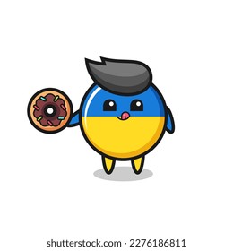 illustration of an ukraine flag badge character eating a doughnut , cute style design for t shirt, sticker, logo element