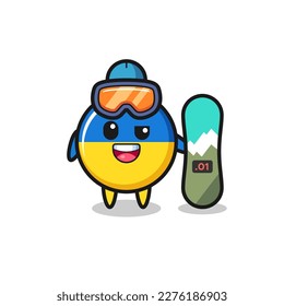 Illustration of ukraine flag badge character with snowboarding style , cute style design for t shirt, sticker, logo element