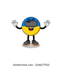 Illustration of ukraine flag with a vr headset , character design