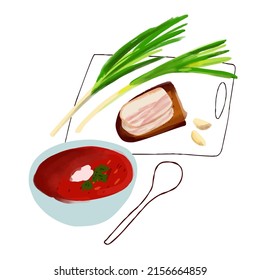 Illustration of ukrainian lunch cuisine borscht with rye bread with bacon, green onions and garlic 