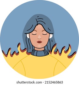 illustration of ukrainian woman with closed eyes near burning fire