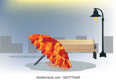 
illustration of an umbrella from autumn leaves, lies on the asphalt in a puddle, next to a bench with a lantern, it is raining, houses in the background