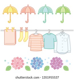 Illustration of umbrella, illustration of laundry, illustration of hydrangea