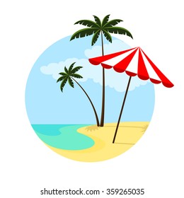 Illustration of an umbrella and palm trees on the beach.