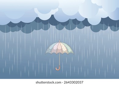 Illustration of umbrella with raindrops falling from the sky, flat cartoon vector for kids decor, weather-themed books, and seamless nursery prints
