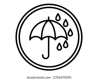 Illustration eines Regenschirms mit Regentropfen innerhalb eines Kreises, symbolisiert Schutz vor dem Regen und Wetterbeständigkeit, Vektordesign für Icons und Symbole