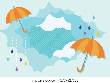 Illustration of umbrellas and rain clouds.