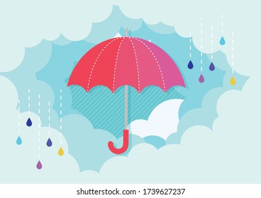 Illustration of umbrellas and rain clouds.