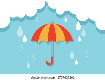 Illustration of umbrellas and rain clouds.