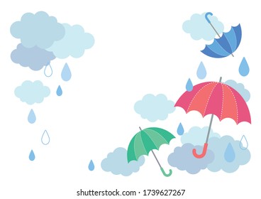 Illustration of umbrellas and rain clouds.