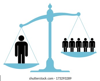 Illustration Of An Unbalanced Vintage Scale With A Single Man And A Group Of People On Each Of The Pans Showing The Value Of Teamwork, Cooperation And Unification