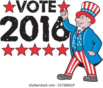 Illustration of Uncle Sam hand pointing up wearing top hat and suite with american flag stars and stripes viewed from side on isolated white background with the word Vote 2016 done in retro style. 