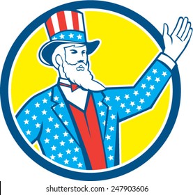 Illustration of Uncle Sam with hand up with stars and stripes American flag design on his hat and clothes set inside circle on isolated background done in retro style. 