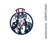 Illustration of Uncle Sam Head Mascot Icon Wearing a Hat with United States Stars and Stripes. Pointing Toward the Viewer Over Isolated Background in Retro Style.	
