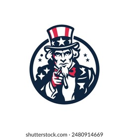 Illustration of Uncle Sam Head Mascot Icon Wearing a Hat with United States Stars and Stripes. Pointing Toward the Viewer Over Isolated Background in Retro Style.	
