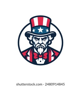 Illustration of Uncle Sam Head Mascot Icon Wearing a Hat with United States Stars and Stripes. Pointing Toward the Viewer Over Isolated Background in Retro Style.