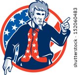 Illustration of Uncle Sam pointing a finger at you set inside circle with stars and stripes American flag viewed from front.