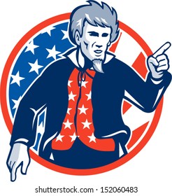 Illustration of Uncle Sam pointing a finger at you set inside circle with stars and stripes American flag viewed from front.