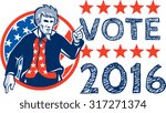 Illustration of Uncle Sam pointing viewed from front set inside circle with stars and stripes American flag in the background and the Word Vote 2016 on the side done in retro style. 