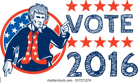 Illustration of Uncle Sam pointing viewed from front set inside circle with stars and stripes American flag in the background and the Word Vote 2016 on the side done in retro style. 