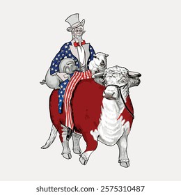 Illustration of Uncle Sam riding a bull, holding a pig and a sheep. Patriotic theme with stars and stripes. Uncle Sam, bull, pig, sheep in one image. Vintage art drawing, isolated vector element.