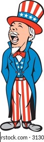 Illustration of uncle sam wearing american flag stars and stripes hat and suit shouting facing side set on isolated white background done in cartoon style. 