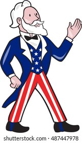 Illustration of Uncle Sam wearing american stars and stripes suit standing waving hand looking to the side viewed from front set on isolated white background done in cartoon style. 