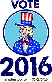 Illustration of Uncle Sam wearing hat and suit with stars and stripes American flag looking to the side set inside circle on isolated background done in retro style with the word Vote 2016.