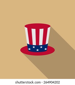 Illustration Uncle Sam's hat for american holidays, flat icon with long shadow, minimal style - vector