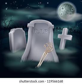 Illustration Of An Undead Skeleton Hand And Arm Reaching Out Of A Spooky Grave