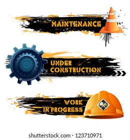 illustration of under construction banner with hard hat and cone