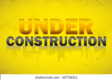 illustration of under construction banner with text and building reflection