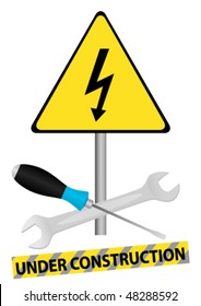Illustration of under construction sign with screwdriver and wrench